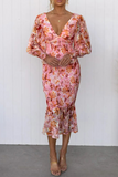 Celebrities Elegant Floral Frenulum V Neck One Step Skirt Dresses