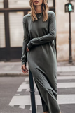Casual Solid Slit O Neck Long Sleeve Dresses(3 Colors)