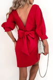 Elegant Solid With Bow Zipper O Neck Pencil Skirt Dresses