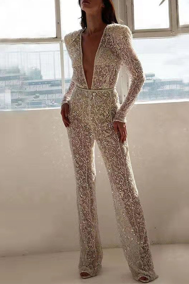 Sexy Solid See-through Sequined V Neck Regular Jumpsuits
