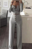 Casual Solid Buttons Vests Pants U Neck Sleeveless Two Pieces