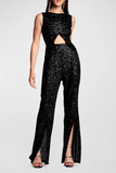 Sexy Solid Slit O Neck Regular Jumpsuits