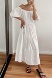 Casual Simplicity Solid Fold Off the Shoulder A Line Short Sleeve Dress