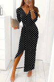 Elegant Print Slit Contrast V Neck Long Sleeve Dresses