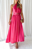 Sexy Solid Backless Oblique Collar Waist Skirt Dresses