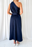 Sexy Solid Backless Oblique Collar Waist Skirt Dresses