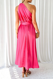 Sexy Solid Backless Oblique Collar Waist Skirt Dresses