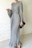 Street Solid Patchwork Pleated O Neck Long Dress Dresses(4 Colors)