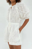 Casual Simplicity Solid Hollowed Out Draw String Pocket O Neck Loose Rompers