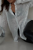Sexy Solid See-through Sequined Turndown Collar Blouses