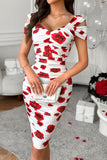 Casual Print Fold V Neck Short Sleeve Dress Dresses