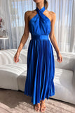 Elegant Solid Fold Halter Dresses