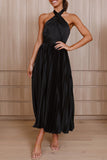 Elegant Solid Fold Halter Dresses