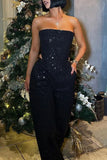 Elegant Solid Sequins Zipper Strapless Sleeveless Two Pieces