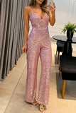 Sexy Solid Sequins Sequined V Neck Regular Jumpsuits