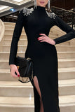 Elegant Formal Solid Backless Slit Rhinestone Half A Turtleneck Evening Dress Dresses