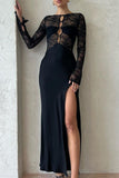 Sexy Solid Lace See-through Slit O Neck One Step Skirt Dresses