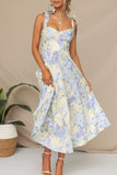 Sweet Elegant Print Flowers Fold V Neck Waist Skirt Dresses