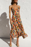 Elegant Vacation Color Lump Print Backless Flounce V Neck Sling Dress Dresses