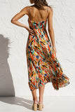 Elegant Vacation Color Lump Print Backless Flounce V Neck Sling Dress Dresses