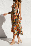 Elegant Vacation Color Lump Print Backless Flounce V Neck Sling Dress Dresses