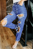 Casual Solid Ripped Pocket High Waist Loose Denim Jeans