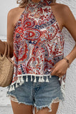 Bohemian Vintage Geometric Print Tassel Asymmetrical Halter Tops