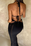 Sexy Vacation Solid Backless Strap Design Halter Sleeveless Two Pieces