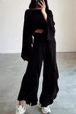Casual Solid Frenulum Flounce Slit O Neck Long Sleeve Two Pieces(3 Colors)
