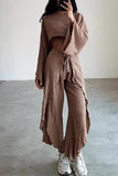 Casual Solid Frenulum Flounce Slit O Neck Long Sleeve Two Pieces(3 Colors)