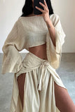 Casual Solid Frenulum Flounce Slit O Neck Long Sleeve Two Pieces(3 Colors)