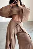 Casual Solid Frenulum Flounce Slit O Neck Long Sleeve Two Pieces(3 Colors)