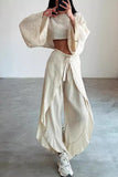 Casual Solid Frenulum Flounce Slit O Neck Long Sleeve Two Pieces(3 Colors)