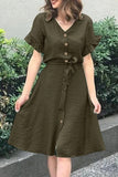 Casual Simplicity Solid Frenulum Buckle Flounce V Neck A Line Dresses(4 Colors)