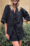 Casual Solid Pocket Frenulum With Bow V Neck Short Sleeve Two Pieces(3 Colors)
