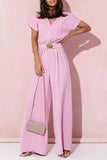 Casual Solid Metal Accessories Decoration V Neck Loose Jumpsuits(4 Colors)