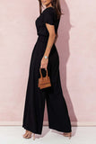 Casual Solid Metal Accessories Decoration V Neck Loose Jumpsuits
