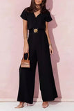 Casual Solid Metal Accessories Decoration V Neck Loose Jumpsuits(4 Colors)