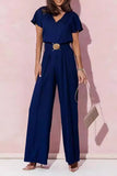 Casual Solid Metal Accessories Decoration V Neck Loose Jumpsuits(4 Colors)
