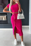 Elegant Solid Bandage Buckle O Neck Short Sleeve Two Pieces(4 Colors)