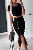 Elegant Solid Bandage Buckle O Neck Short Sleeve Two Pieces(4 Colors)