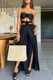 Sexy Casual Solid Tassel Hollowed Out Backless Slit Strapless Sleeveless Two Pieces