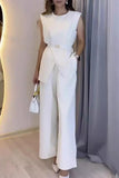 Elegant Simplicity Solid Pocket O Neck Sleeveless Two Pieces
