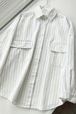 Casual Striped Print Pocket Turndown Collar Tops