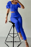 Casual British Style Solid Buttons Fold Square Collar Short Sleeve Two Pieces(7 Colors)