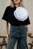Casual Sweet Solid Flowers O Neck T-Shirts(4 Colors)