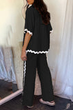 Casual Simplicity Solid Ripple Patchwork Boat Neck Long Sleeve Two Pieces(6 Colors)