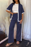 Casual Simplicity Solid Ripple Patchwork Boat Neck Long Sleeve Two Pieces(6 Colors)