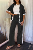 Casual Simplicity Solid Ripple Patchwork Boat Neck Long Sleeve Two Pieces(6 Colors)