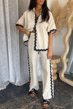 Casual Simplicity Solid Ripple Patchwork Boat Neck Long Sleeve Two Pieces(6 Colors)